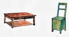 Bord og stol designet for laftehytte eller stavlaft hytte